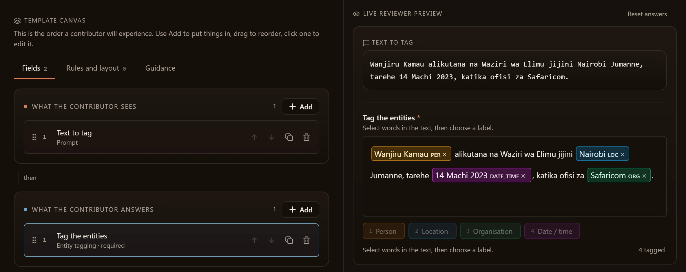 The AfriEval task builder with the task layout on the left and a live contributor preview on the right, showing named entities tagged in a Swahili sentence.