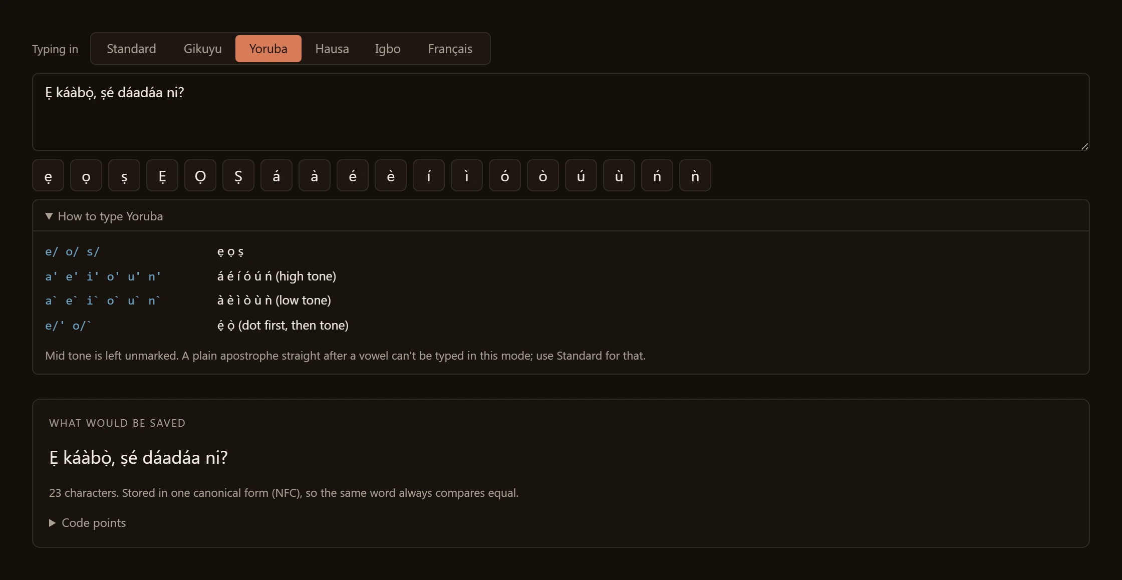 A text box set to Yoruba showing a greeting typed with tone marks and underdots, with a character bar underneath.