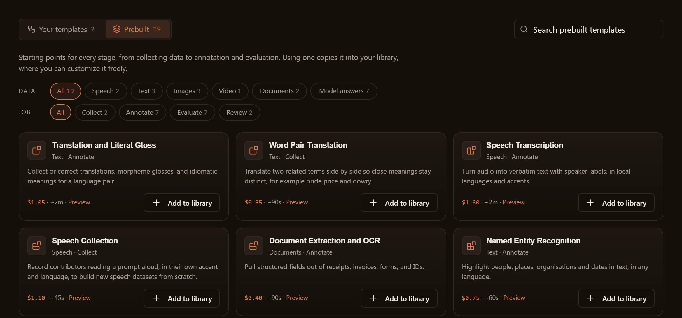 The AfriEval template library, with filters for data type and job and cards for ready-made templates.