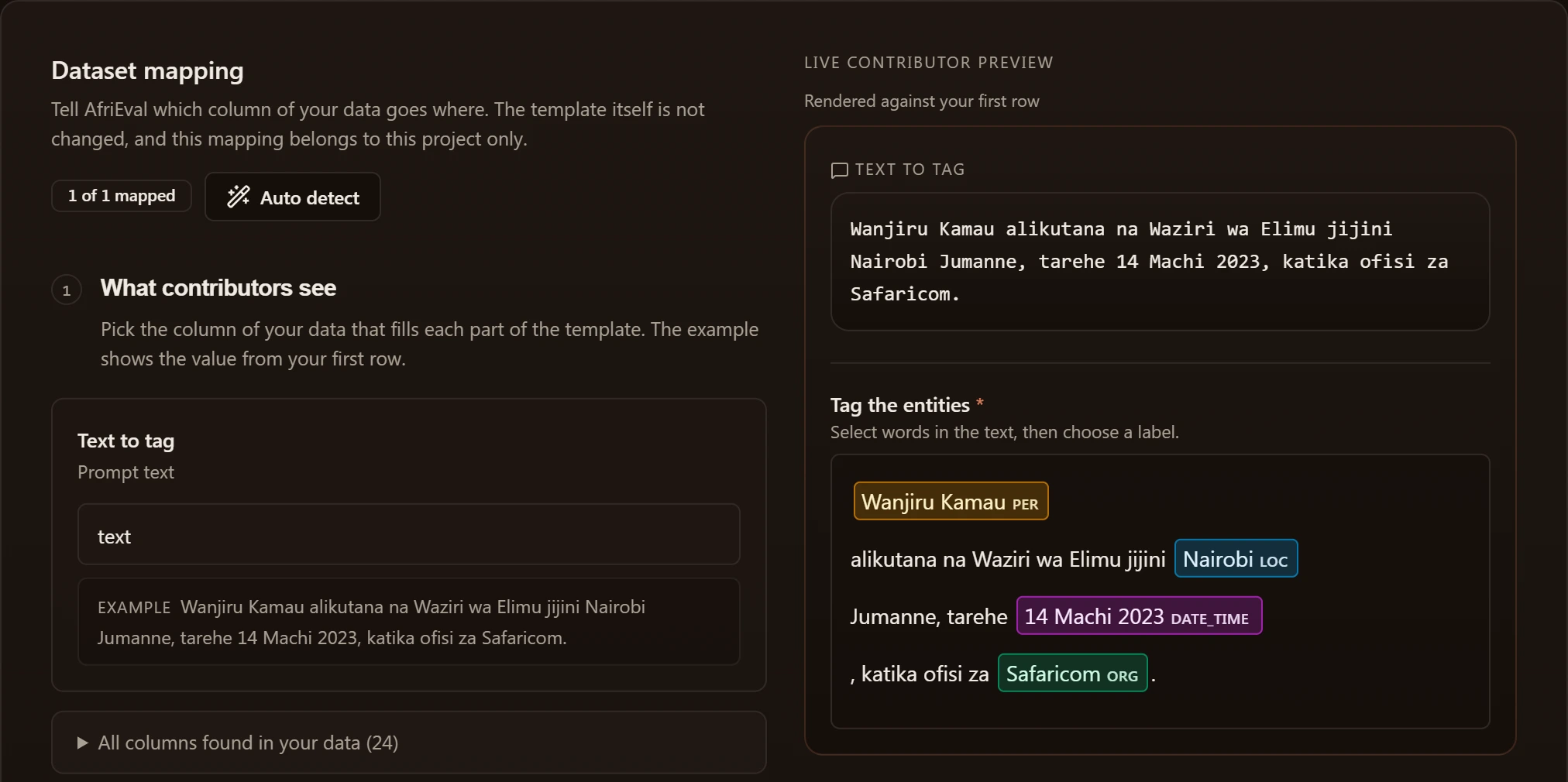 The AfriEval dataset mapping step, with a column mapped to the text to tag and a live preview showing existing tags.